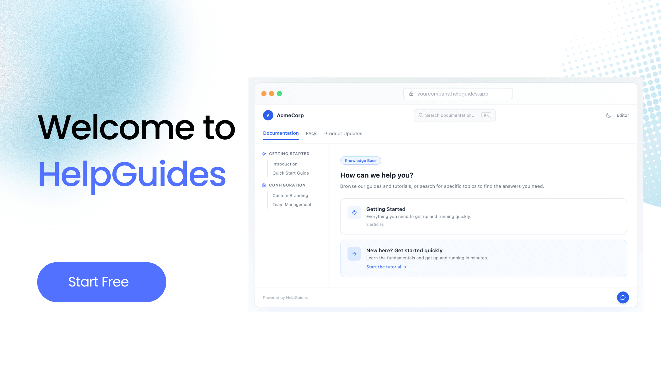 A clean, modern dashboard showing the HelpGuides editor interface
